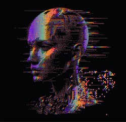 Aufkleber - 3D human face made of holographic pixels and particles on a dark background. A conceptual vector illustration of identity in virtual reality.
