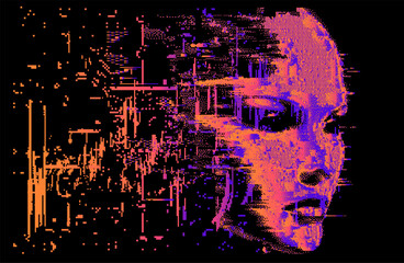 Aufkleber - Silhouette of a 3D glitched human head. Conceptual image of AI (artificial intelligence) and VR (virtual reality). Futuristic 8-bit style vector illustration.