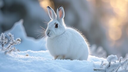 AI-generated illustration of a white rabbit in a snowy landscape on a sunny day