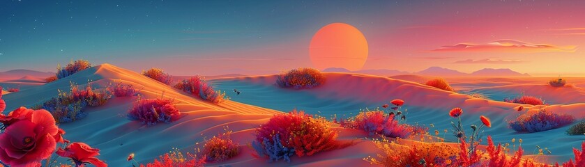 A surreal desert landscape with oversized, lively desert flowers blooming among the sand dunes under a bright summer sun Surrealism, Digital art, Bright colors