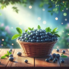 A rustic basket with fresh blueberries on a wooden table and a blurred natural background