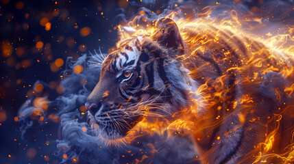 Sticker - Unleashing the Ethereal Fury of a Fiery Tiger in a Raging Thunderstorm:A Digital