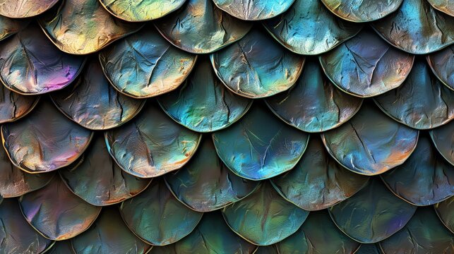 3D rendering of a seamless looped animation of colorful iridescent dragon scales. The scales are shiny and reflective.