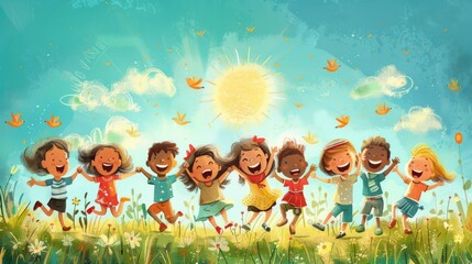 A captivating illustration of a group of diverse children laughing and playing together in a sun-drenched meadow, embodying the joy of childhood and outdoor activities. 