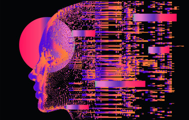 Aufkleber - 3D human pofile made of holographic pixels and particles on a dark background. A conceptual vector illustration of identity in virtual reality.