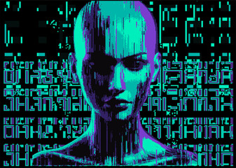 Aufkleber - Silhouette of a 3D glitched human head. The concept of virtual reality and artificial intelligence.