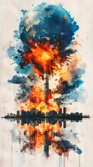 Canvas Print - Vivid Watercolor Depiction of Nuclear Explosion's Global Impact and Radiation Safety Protocols