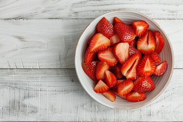 Wall Mural - Pieces of strawberries in bowl on wooden table