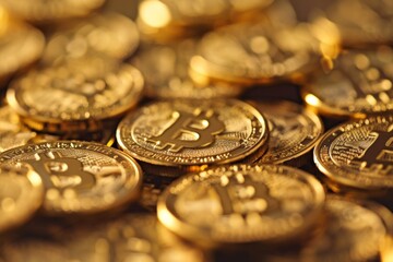 Leinwandbilder - A pile of shiny golden bitcoin coins stacked on top of each other in a close-up view. Generative AI