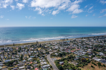Aerial view of Otaki Beach, a charming seaside town located in New Zealand's Kapiti Coast region