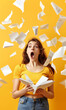© Image-Love - A woman in a yellow shirt is holding a book open to a page with a lot of paper flying out of it. Concept of chaos and disarray