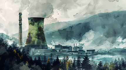 Canvas Print - Watercolor Depiction of Nuclear Power Plant Amidst Nature's Tranquil Splendor