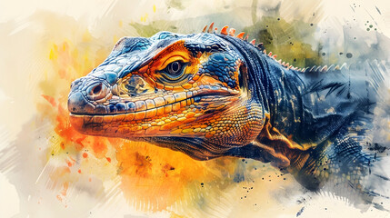 Wall Mural - Watercolor Depiction of Prehistoric Reptilian Megafauna in Modern Wildlife Conservation