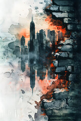 Canvas Print - Watercolor Depiction of Urban Skyline Engulfed in Flames and Destruction Amidst Market Collapse and Financial Crisis