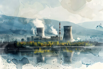 Canvas Print - Watercolor Depiction of the Challenges in Decommissioning Nuclear Power Facilities and Managing Legacy Waste