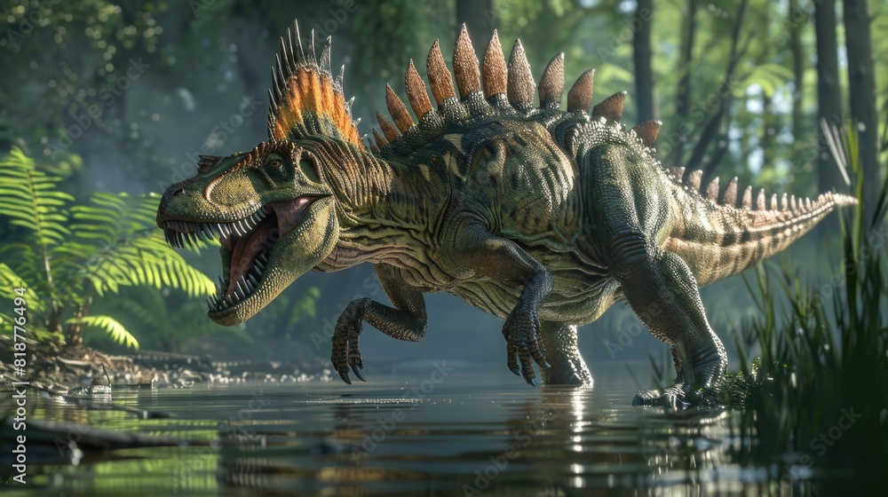 Arkosaurus 3D render animation of close up spinosaurus at a creek in the water in ...