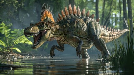 Wall Mural -  3D render animation of close up spinosaurus at a creek in the water in prehistoric setting, dinosaur concept.