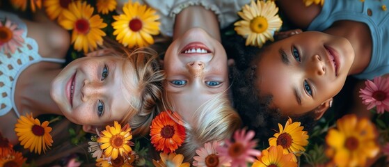 Wall Mural - Three young girls are laying in a field of flowers, smiling