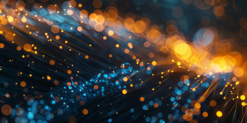 A closeup of an intricate yellow and blue optical fiber shows bokeh lights in the background, creating a dynamic effect.