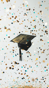 Elegant aesthetic invitation mockup for graduation with academic cap. Light background with confetti. Generative AI