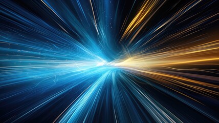 Wall Mural - Abstract digital background with streaks of blue and golden light converging in the center. Digital artwork of gold and blue neon speed line with black background. Energetic speed movement. AIG35.