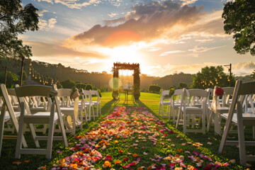 A wedding ceremony is taking place in a field with a beautiful sunset in the background. The chairs are arranged in rows, and there is a white arch in the middle of the field