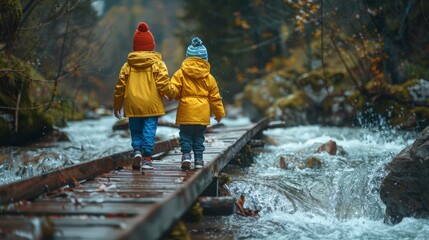 Two children are walking across a bridge over a river