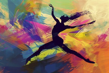 dancer dance leap graceful colorful abstract brushstrokes geometric shapes movement motion modern art concept expressive dynamic 