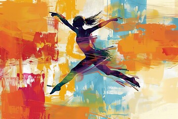 dancer dance leap graceful colorful abstract brushstrokes geometric shapes movement motion modern art concept expressive dynamic 