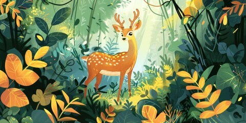 Wall Mural -  A deer standing in the middle of a forest filled with lots of green and yellow plants and trees in the background.