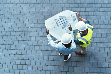 Canvas Print - Team, architect and man with blueprint of above building design for floor plan, collaboration and safety of development project. People, engineer and construction paper for sketch review of property