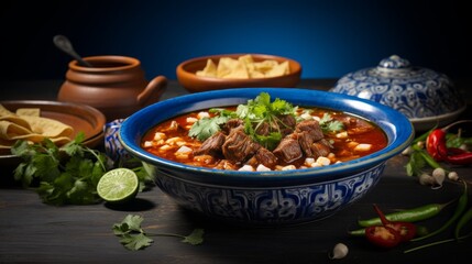 Wall Mural - Authentic mexican pozole on blue plate, served on rustic table with minimalist decor