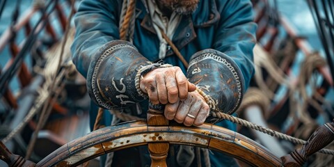 A closeup of a seafarer s hands gripping the ship s wheel