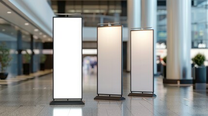 Two vertical blank white billboards stand in a shopping mall corridor, ready for advertising with a blurred background