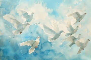 doves birds flock flying soaring sky clouds nature watercolor painting soft serene peaceful 