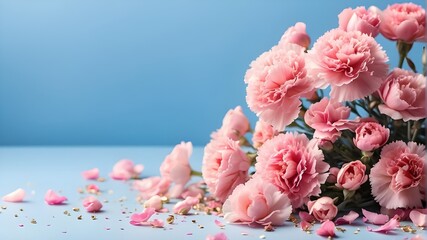 imaginative arrangement of flowers. On a pastel blue pink background, pink carnation blooms with confetti and petals are displayed. A product presentation template. view from above, flat. duplicate te