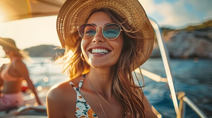 Poster - portrait of a woman in sunglasses happy on a boat in summer