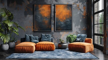 Two Poster Frame Mockup in chic loft-style living room, A large, two empty mockup frame hangs on an industrial-style wall,