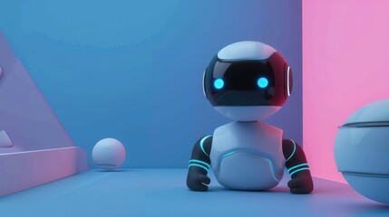 A 3D illustration of an adorable robot with a glossy surface sitting in a room with vibrant blue and pink lighting