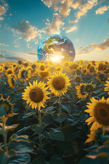 the sphere of the earth over a field of sunflowers, demonstrating the harmony and importance of ecol
