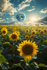 the sphere of the earth over a field of sunflowers, demonstrating the harmony and importance of ecol