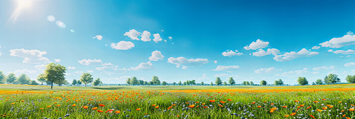 Wall Mural - Expansive Meadow Under a Blue Sky, Vivid Green Grass Stretching Towards the Horizon