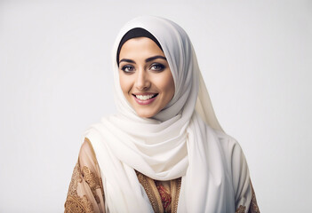 a young Arabic women in traditional clothes with a sincere smile, isolated white background,
