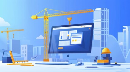 A vibrant vector artwork representing a construction theme with computer, cranes and various construction elements set against a city skyline
