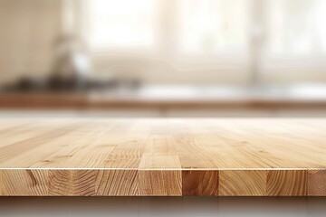 Wall Mural - Warm natural wood table surface with blurred background