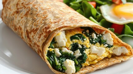 Wall Mural - A whole grain wrap filled with a Greek omelette made with spinach and feta cheese, served with a side of fresh salad