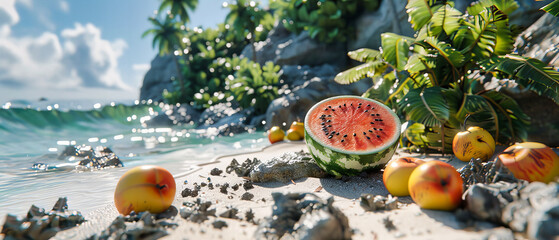 Wall Mural - Fresh Watermelon Slices on a Sandy Beach, Summertime Refreshment in a Tropical Setting