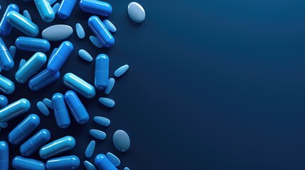 Abstract blue medical and pharmaceutical background with pills, copy space.