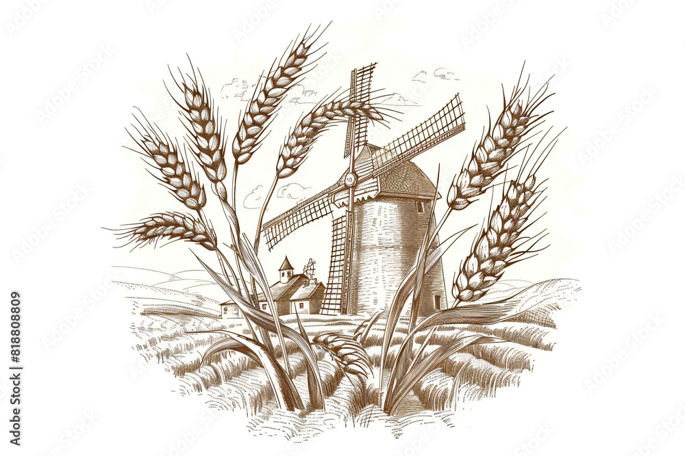 Rural landscape with windmill and village. Farm and wheat field with ...