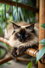 Aufkleber - A Balinese cat with its long, slender body, silky coat, and vivid blue eyes, lounging elegantly on a bamboo mat,